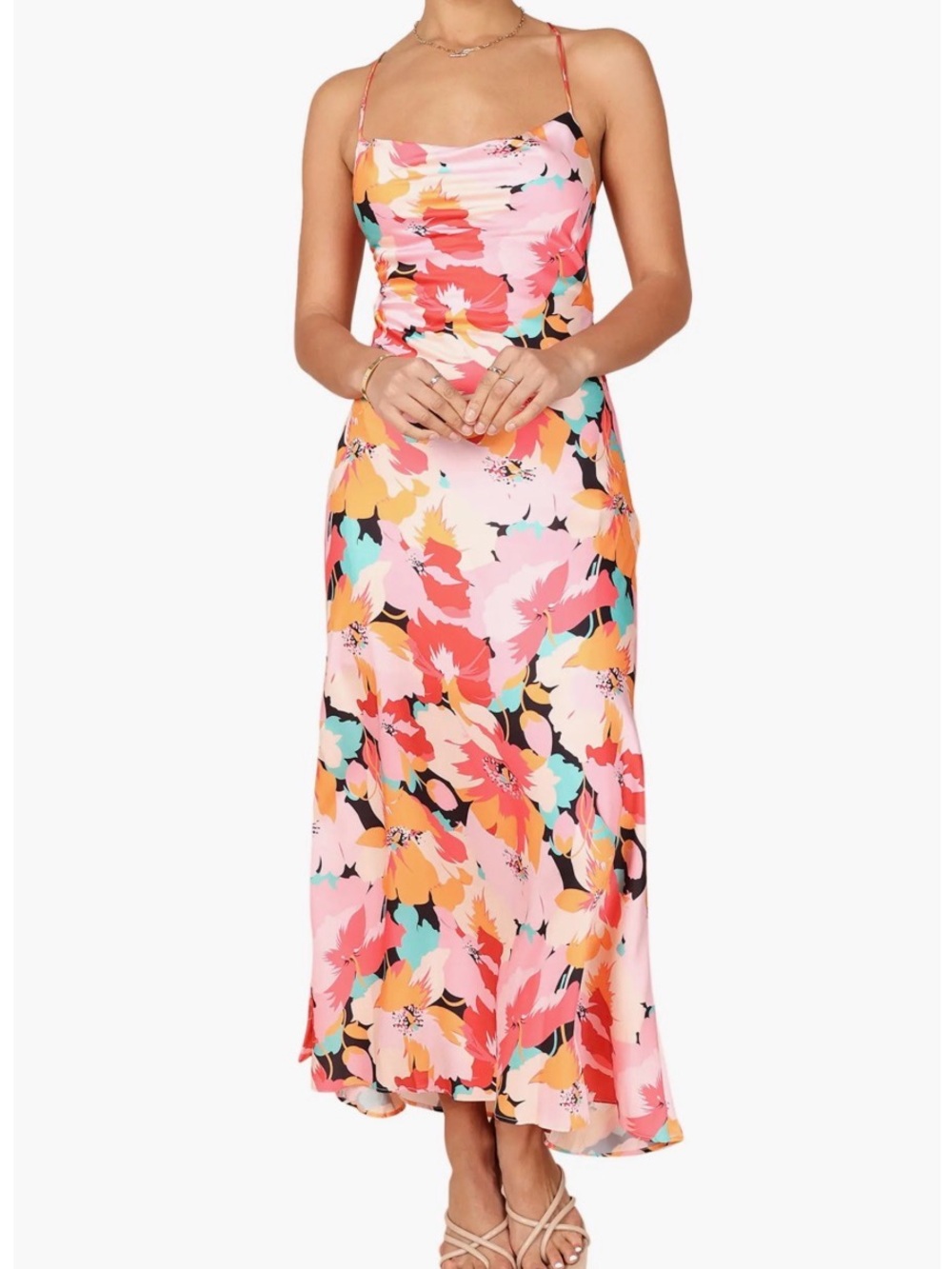 Floral Slip Dress Posse Floral Lace-Up Back Maxi Dress L